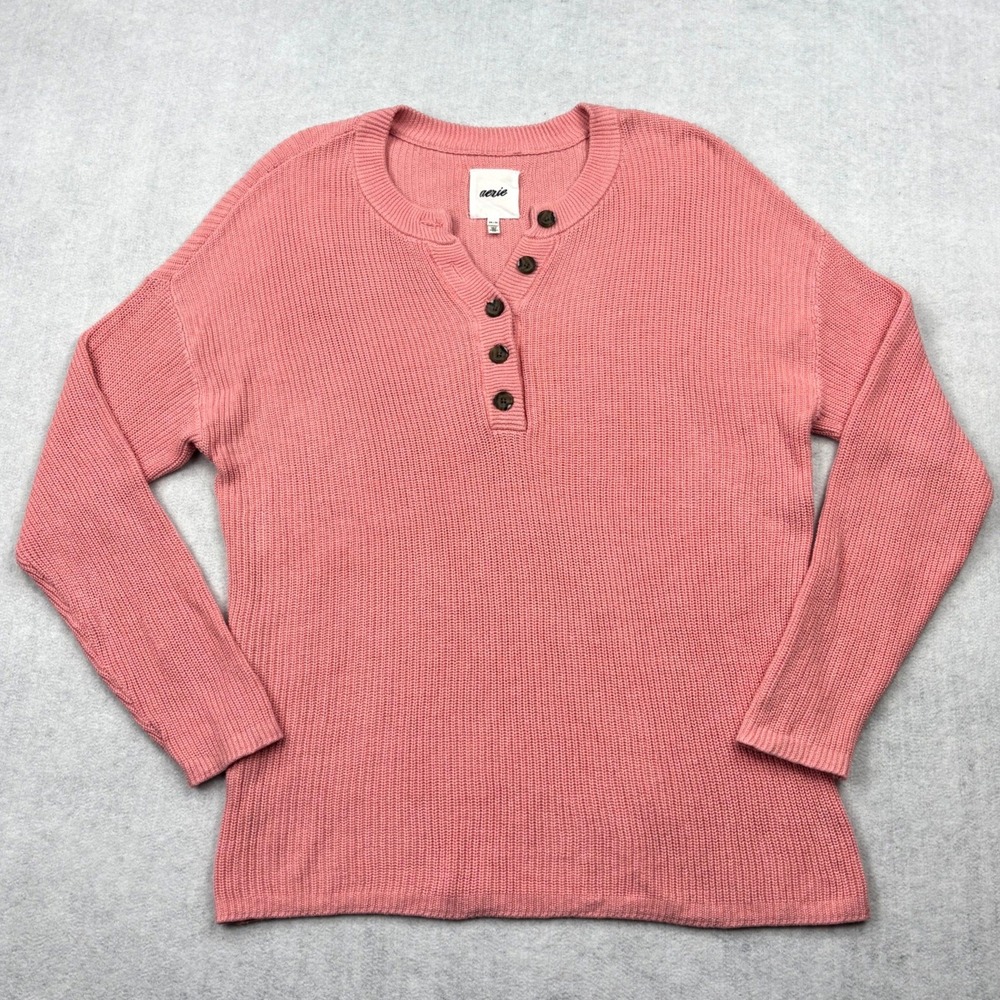 Aerie Henley Sweater Womens XS Pink Chunky Ribbed Oversized Button Pullover